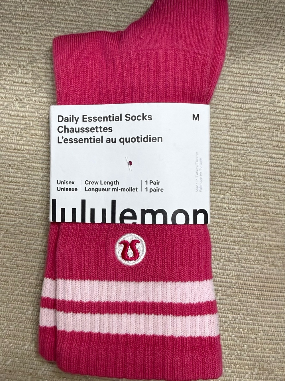 lululemon athletica Crew Socks in Bright Pink with Light Pink Stripes